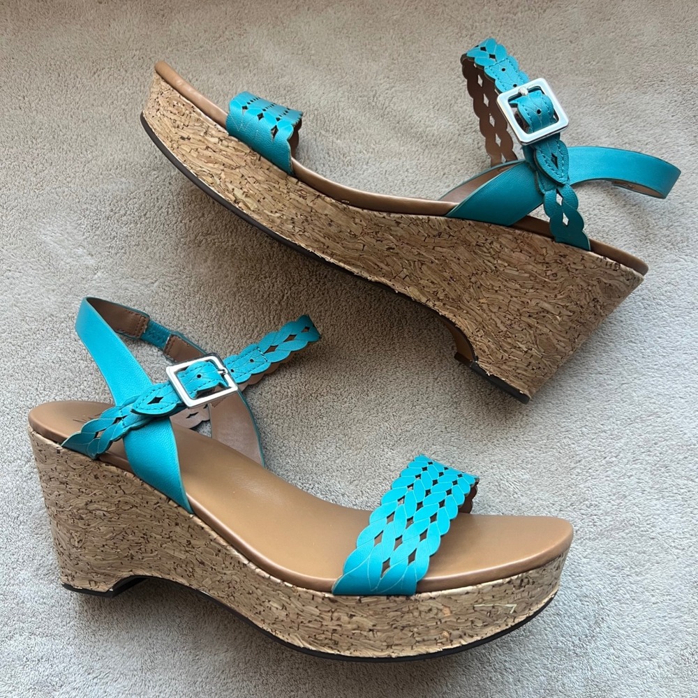 Naturalizer Carlita Wedge Sandals Women 8W Turquoise Teal Leather Cork Platform